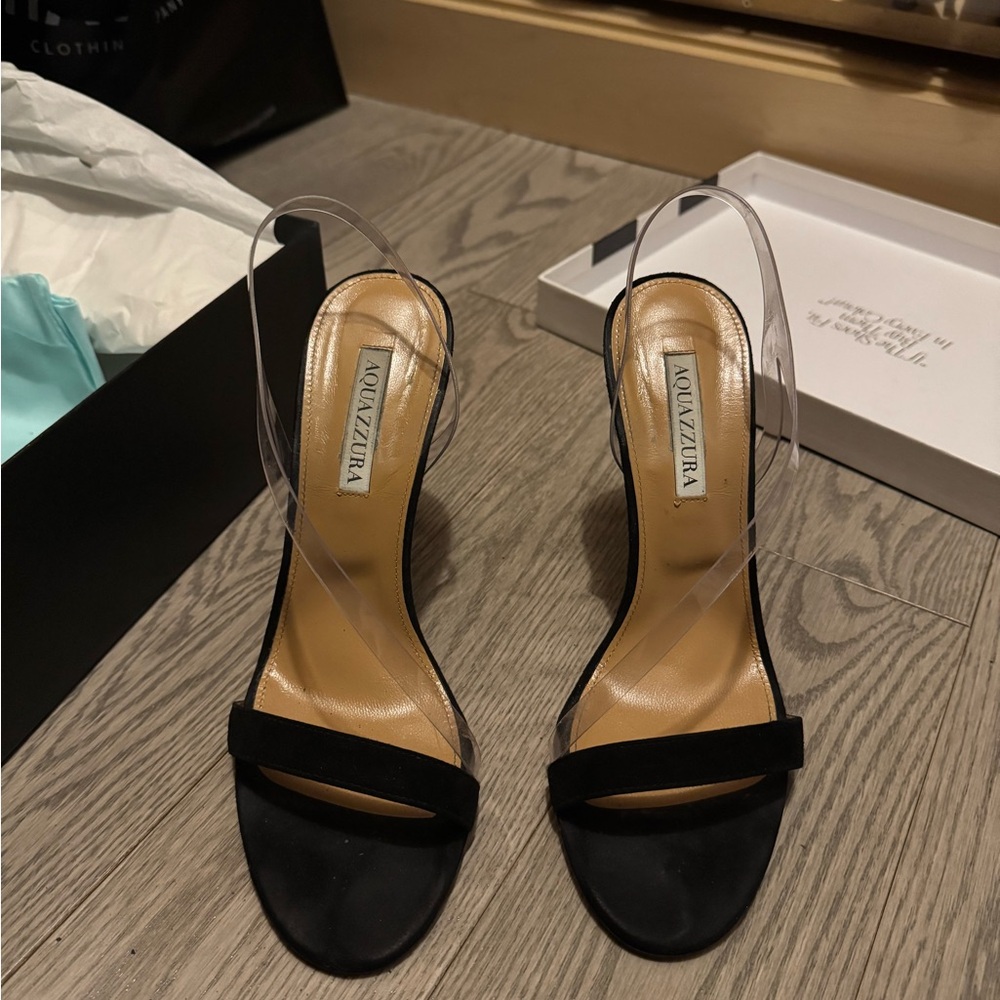 Aquazzura black suede/pvc perfect kiss sandal, size 39.5. Very minimal wear.